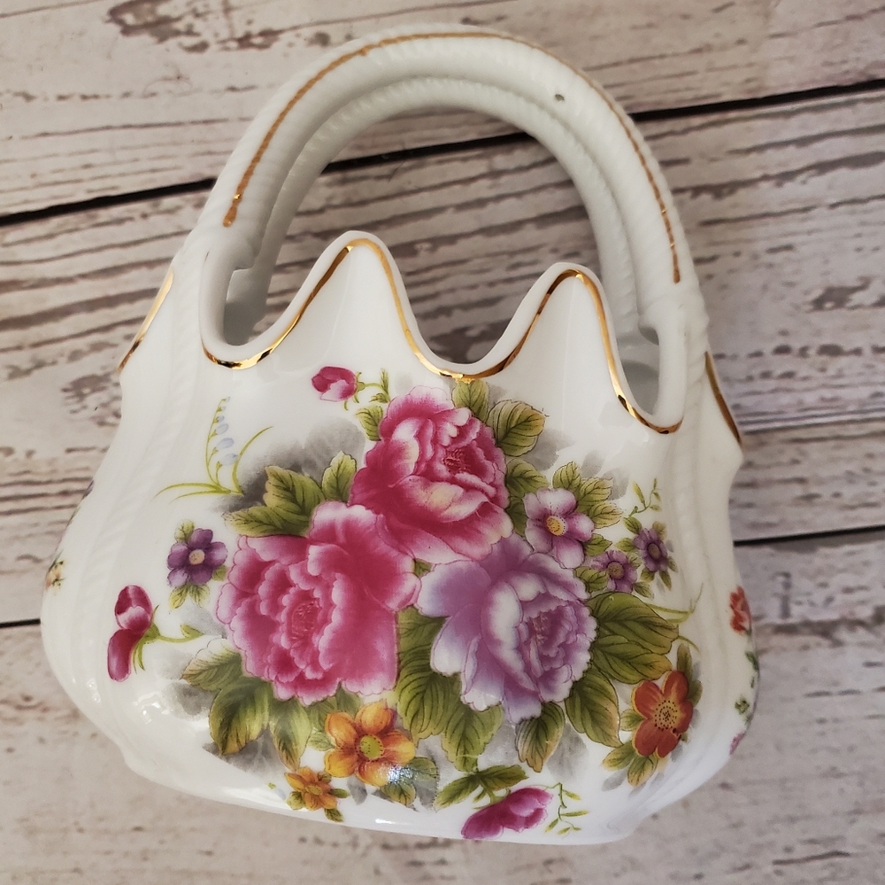 Vintage porcelain basket with flowers on it white, pink, purple, green